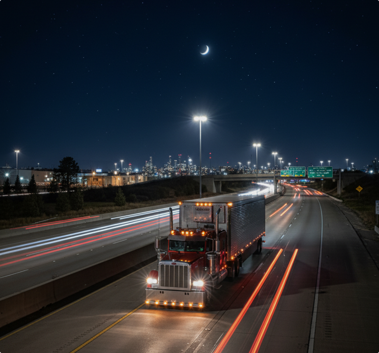 Truck Driving on road at night