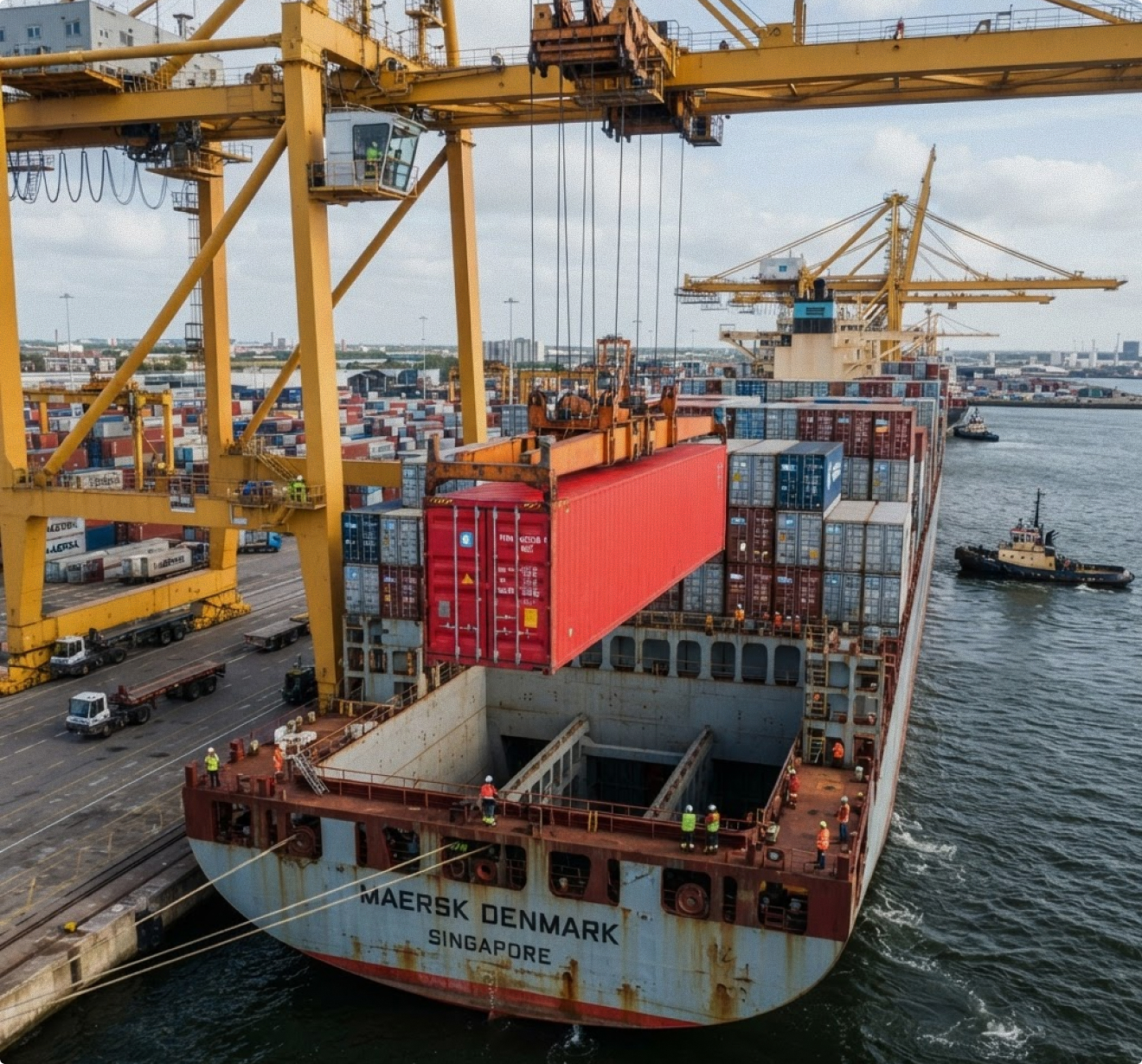 Aerial view of a container ship being loaded by yellow gantry cranes at a busy commercial port, with a tugboat alongside